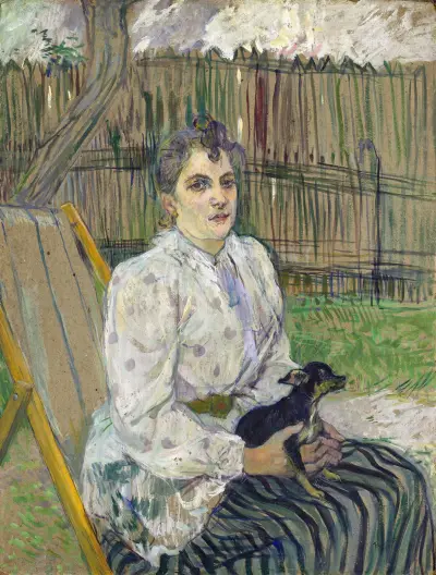 Dam med hund av Henri de Toulouse-Lautrec