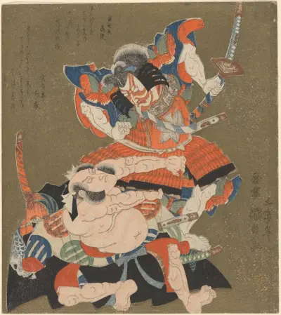 Souboj; dva válečníci, Utagawa Kunisada (Toyokuni III)
