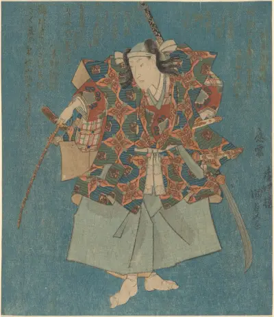 Válečník v jemném zeleném, modrém, červeném, žlutém a stříbrném, Utagawa Kunisada (Toyokuni III)