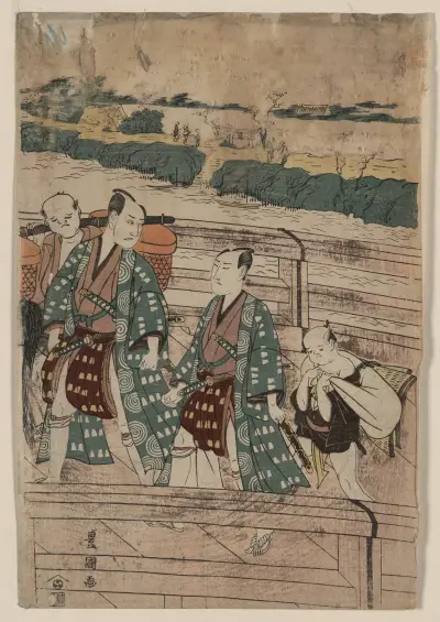 Přechod přes Azumabashi: Ičikawa Omezo a Sawamura Gennosuke, Toyokuni Utagawa