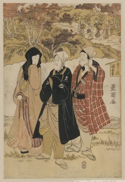 Tři herci v chrámu Kaian-ji při pozorování javorů, Toyokuni Utagawa