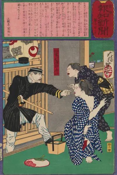 Geisha Ofusa of Amanoya Threatened with Arrest for Indecent Exposure on a Hot Evening av Tsukioka Yoshitoshi