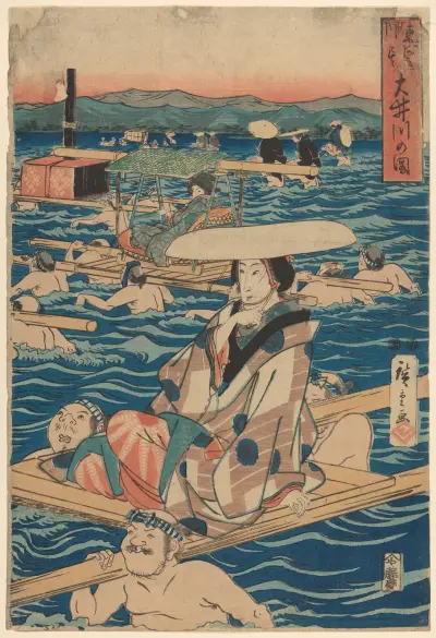 Fording a Broad River – nr 1 av Utagawa Hiroshige