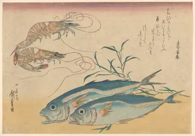Kuruma Ebi, Aji Prawns, and Horse Mackerel av Utagawa Hiroshige