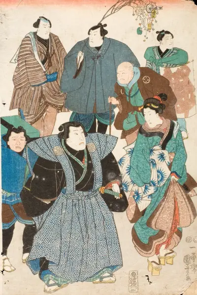 Vítání jara (kabuki herci převlečení za pouliční dav), 1850 – Nr. 1, Utagawa Kuniyoshi