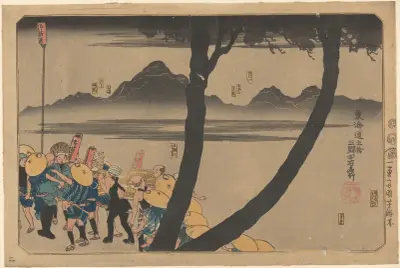 Nocna procesja nad rzeką (rozgałęziony pień drzewa na pierwszym planie), Utagawa Kuniyoshi