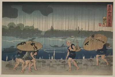People walking beneath umbrellas along the seashore during a rainstorm, Utagawa Kuniyoshi