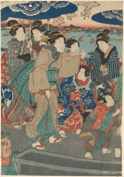 Siedem postaci kobiecych, dwie parasolki (rzeka w tle), Utagawa Kuniyoshi