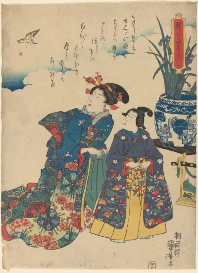 Dwie kobiety patrzące na ptaka, Utagawa Kuniyoshi