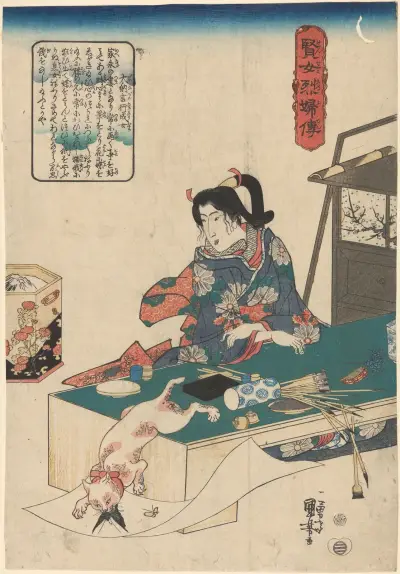 Kobieta przy stole, biały kot rzucający się na motyla, Utagawa Kuniyoshi
