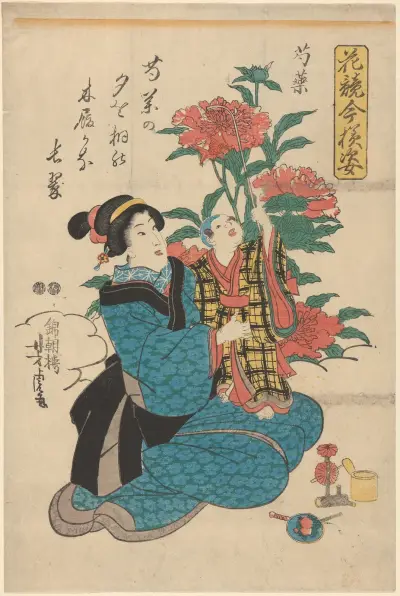 Kobieta w niebieskim kimonie z dzieckiem przy piwoniach, Utagawa Kuniyoshi