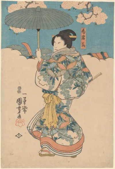 Kobieta z zielonym parasolem, Utagawa Kuniyoshi