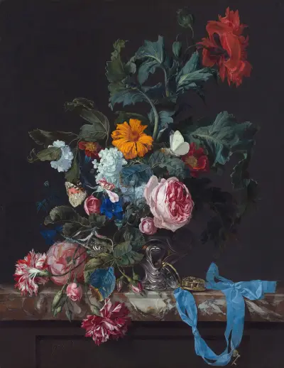 Blumenstillleben mit Uhr von Willem van Aelst