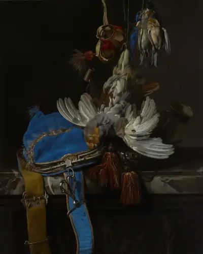Jagdstillleben mit Samtbeutel auf Marmorplatte von Willem van Aelst