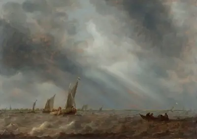 Various sailing vessels and a rowing boat with fishermen on choppy waters under a stormy sky av Abraham van Beyeren