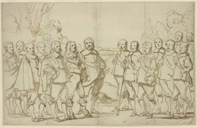 Shromáždění mnoha mužů, všichni v botách a punčochách, jen jeden v holínkách, Anthony van Dyck
