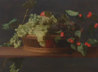 A basket of grapes and raspberries on a ledge oil on panel av Jacob Foppens van Es