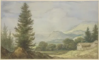 Gebirgslandschaft, links hohe Tannen, rechts zwei Hütten av Allaert van Everdingen