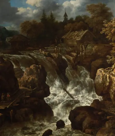 Landscape with a waterfall av Allaert van Everdingen