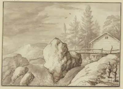 Zwischen Felsstücken ein Wasserfall, dabei ein Steg und ein Haus, rechts zwei Figuren av Allaert van Everdingen