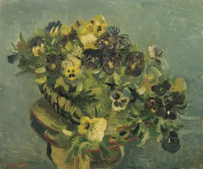 Basket of pansies on a small table av Vincent van Gogh