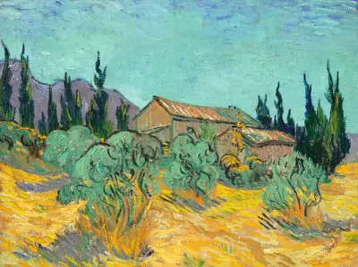 Cabanes de bois parmi les oliviers et cyprès av Vincent van Gogh
