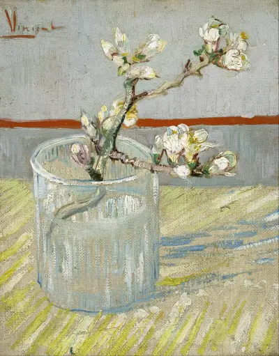 Sprig of flowering almond in a glass av Vincent van Gogh