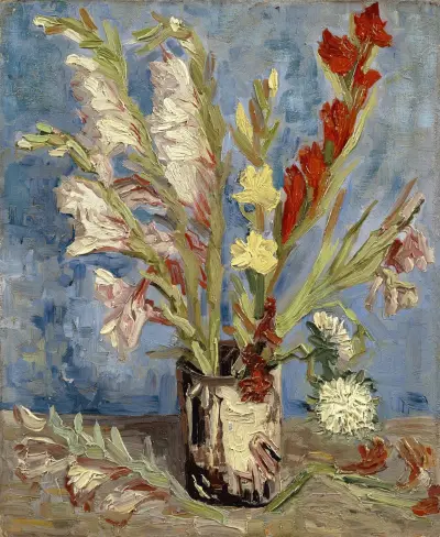 Vase with gladioli and China asters av Vincent van Gogh