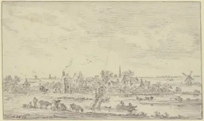 Am Wasser ein Dorf, vorn Hirten mit Vieh, auf dem Wasser ein Kahn, rechts eine Windmühle von Jan van Goyen
