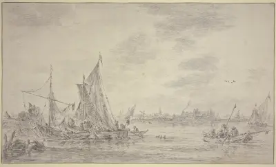 Auf einem Fluss viele Fischerbote, rechts ein Dorf von Jan van Goyen