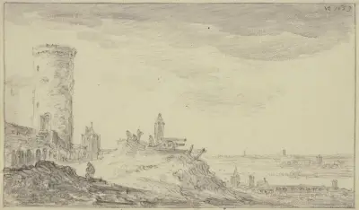 Befestigung, bei einem Kundeturm zwei Kanonen und ein Schilderhaus von Jan van Goyen