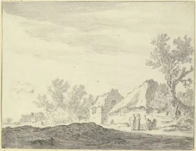 Drei Figuren vor einer Hütte von Jan van Goyen