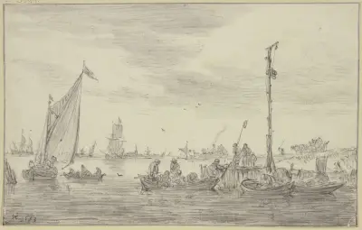 Ein hoher Signalmast halbrechts auf einer Landungsstelle, an der Ruderboote liegen von Jan van Goyen