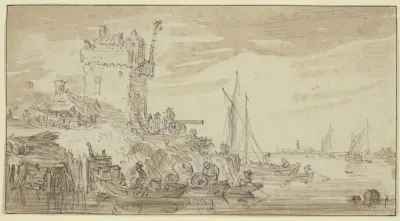 Links an einem Fluss ein befestigter Turm, dabei eine Kanone auf welcher ein Mann sitzt von Jan van Goyen