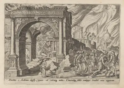 Lot a jeho rodina opouštějí hořící Sodomu, Maarten Van Heemskerck