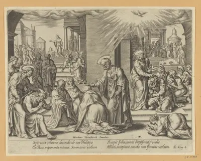 St Peter, St John and St Philip Laying Their Hands on The Baptized at Samaria av Maarten Van Heemskerck