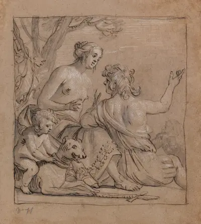 Mars and Venus in a Landscape with Eros Riding a Hound von Gerard van Honthorst