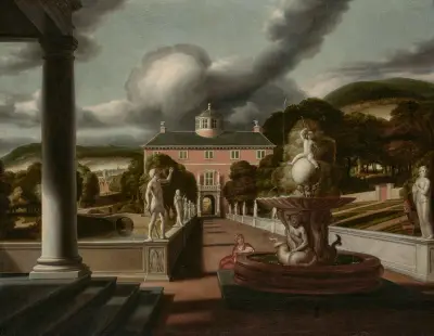 A view from a villa, with a woman seated at a fountain and an avenue of statues, Samuel van Hoogstraten