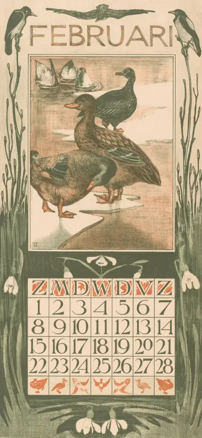 Kartka kalendarzowa luty z kaczkami, 1902, Theo van Hoytema