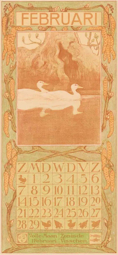 Kartka kalendarzowa – luty z kaczkami, 1903, Theo van Hoytema