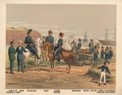 Officier der Grenadiers en Jagers. Rijdende Artillerie. Marechaussee. Rijdende Artillerie. Kweekeling Zeevaartschool. av Hendrik Jan van Lummel