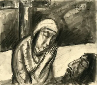 An der rechten Seite sieht man das Haupt Jesu und in der Mitte eine betende, weinende Frau von Eugeen Van Mieghem