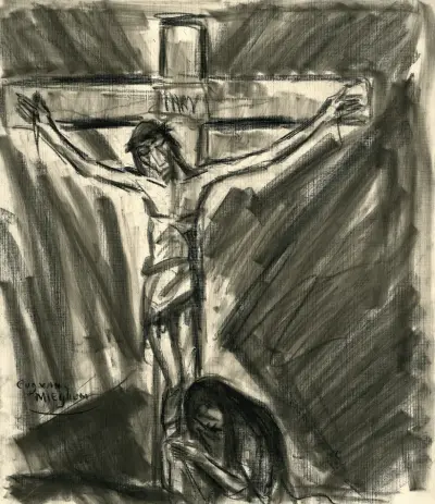 Jesus am Kreuz, mit einer betenden Frau rechts unter dem Kreuz von Eugeen Van Mieghem