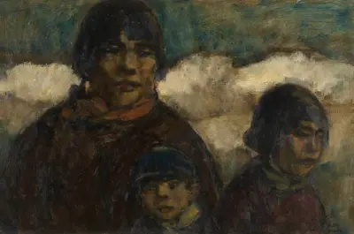Frau und Kinder am Hafen von Eugeen Van Mieghem