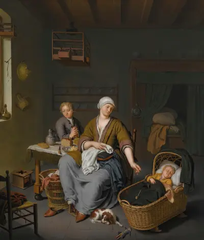A Young Mother Tending To Her Two Children In A Domestic Interior av Willem Van Mieris