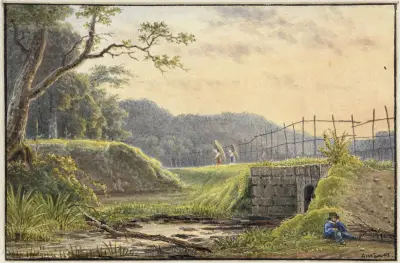 Landschap met brug av Georgius Jacobus Johannes van Os