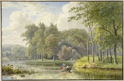 Landschap met figuren in een roeibootje av Georgius Jacobus Johannes van Os
