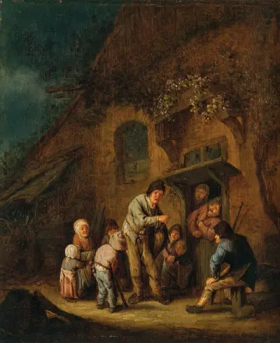 Podwórze z dziećmi i wieśniakami słuchającymi kataryniarza, Adriaen van Ostade