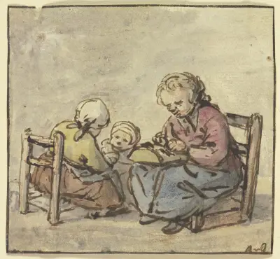 Trzy dziewczynki, najstarsza przy koronkarstwie, Adriaen van Ostade