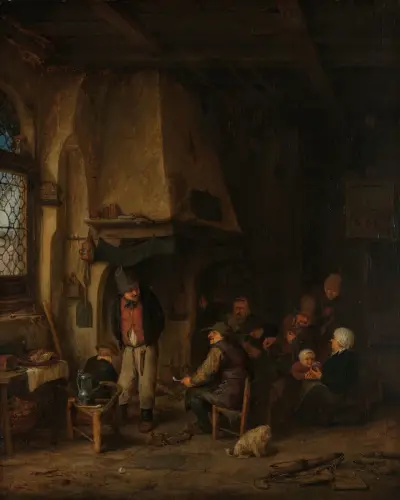 Łyżwiarze; chłopi we wnętrzu, Adriaen van Ostade